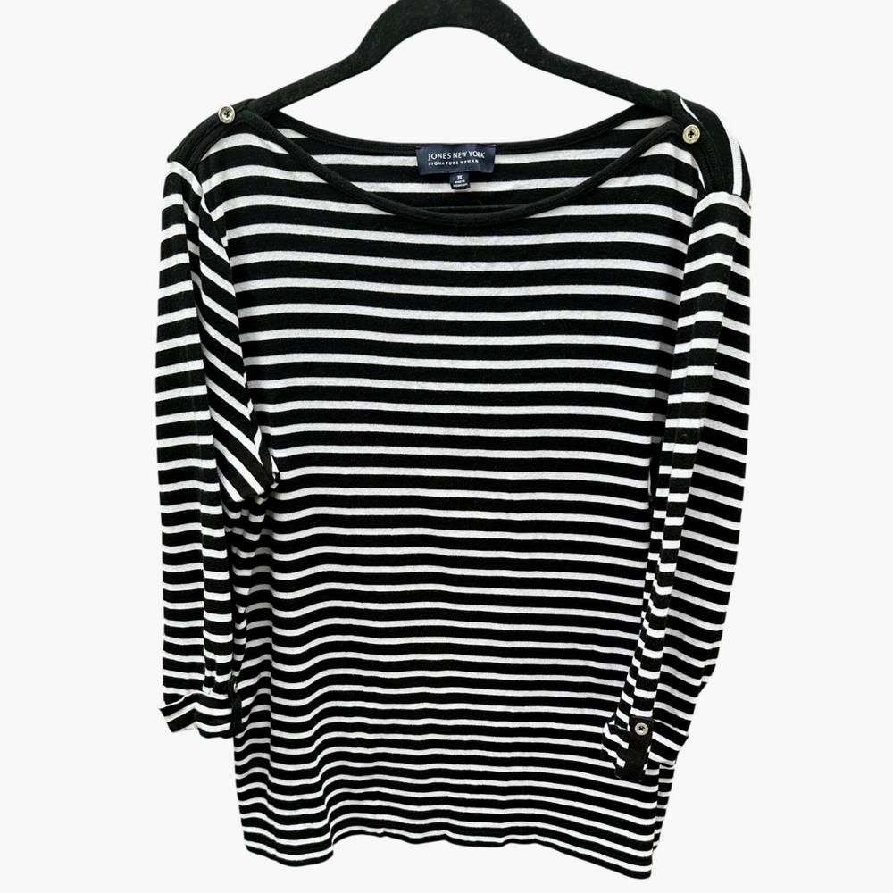 Jones New York Signature Woman Black White Striped Button Shoulder Top 3X